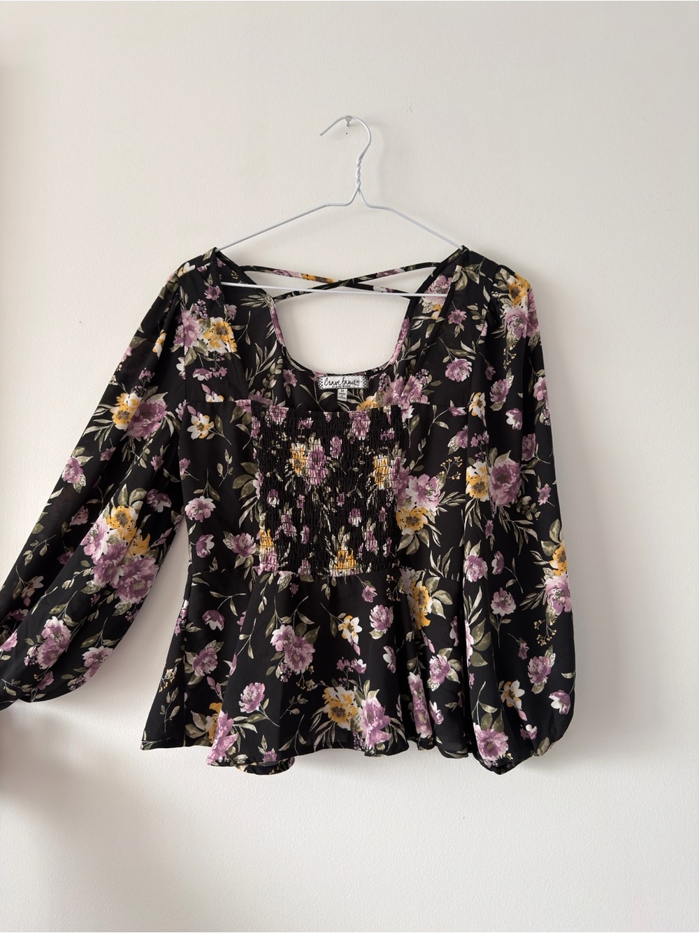 Crave Fame Black Floral Smocked Peasant Blouse with Lavender and Yellow Flowers